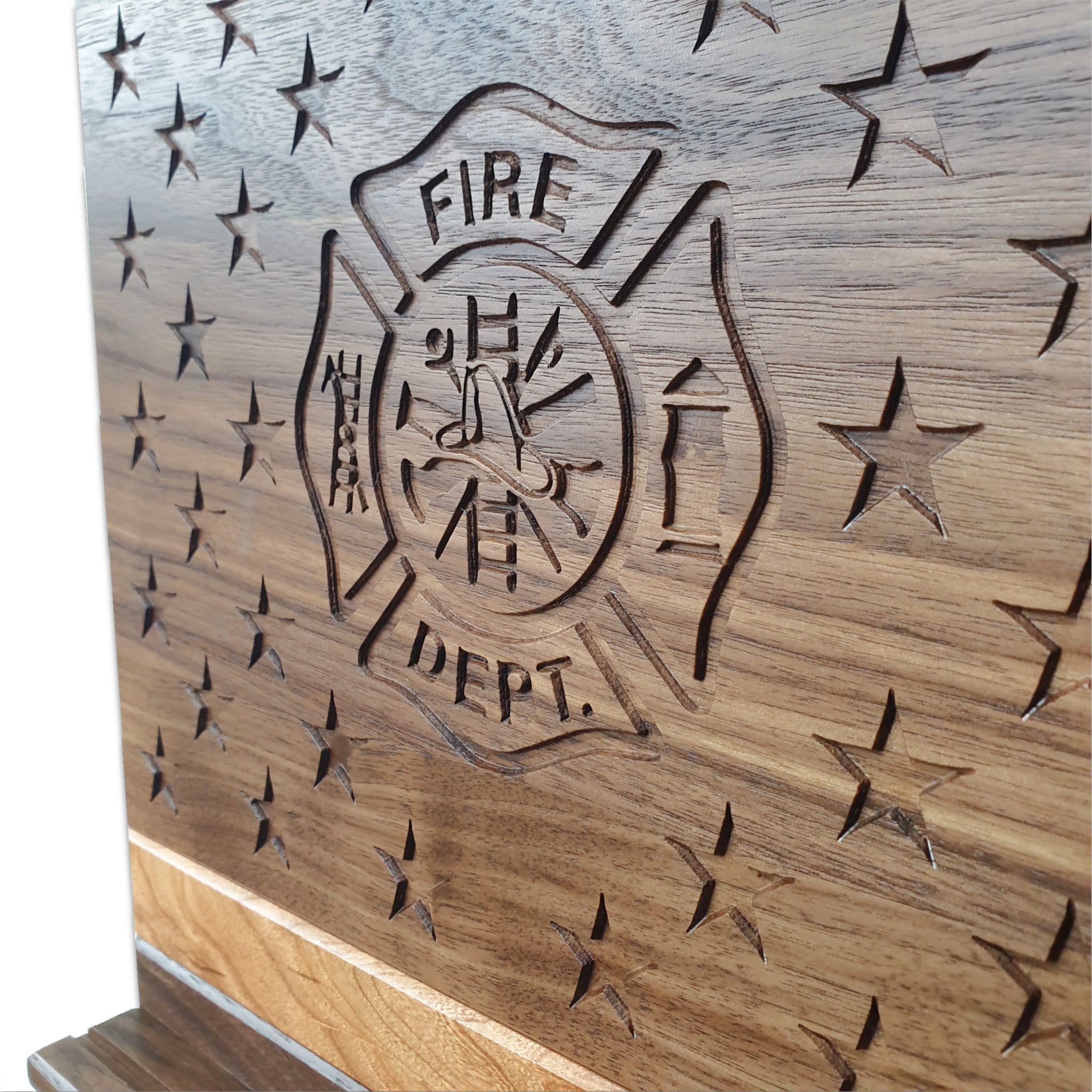 Firefighter emblem custom engraving on American Flag Challenge Coin Display