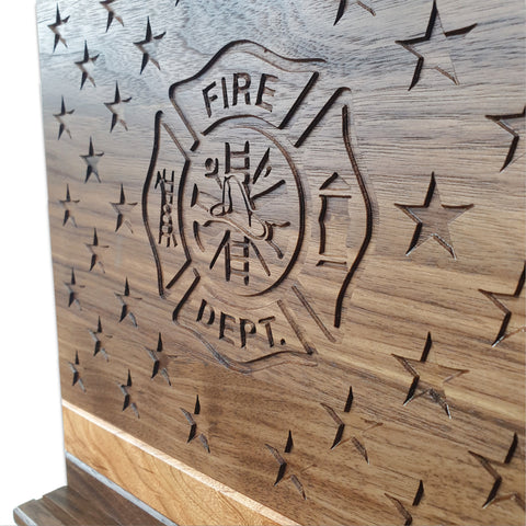 Firefighter emblem custom engraving on American Flag Challenge Coin Display