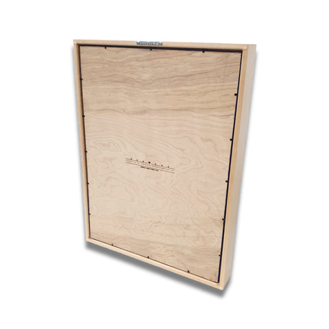 Rear view of a maple 18x24 vertical shadow box showing the back of the case and mounting surface