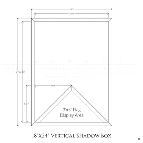 Blueprint diagram of a maple 18x24 vertical shadow box showing exterior and interior dimensions