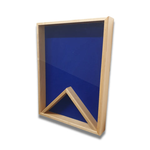 Maple 18x24 vertical shadow box shown at a slight right angle with a blue felt backing and no flag displayed