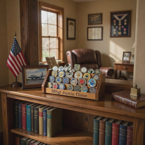 Legacies of America's Vertical Challenge Coin Display, sitting on a bookcase in a home.