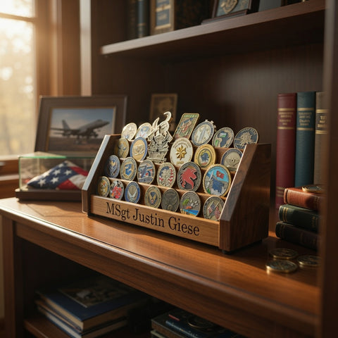 Vertical Challenge Coin Holder displayed with military challenge coins on a bookshelf