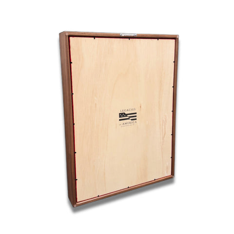 Rear view of a walnut 18x24 vertical shadow box showing the back of the case and wall mounting hardware