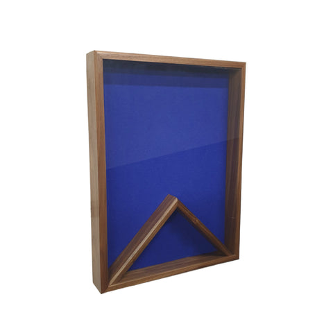 Walnut 18x24 vertical shadow box shown at a slight left angle with blue felt backing and no flag displayed