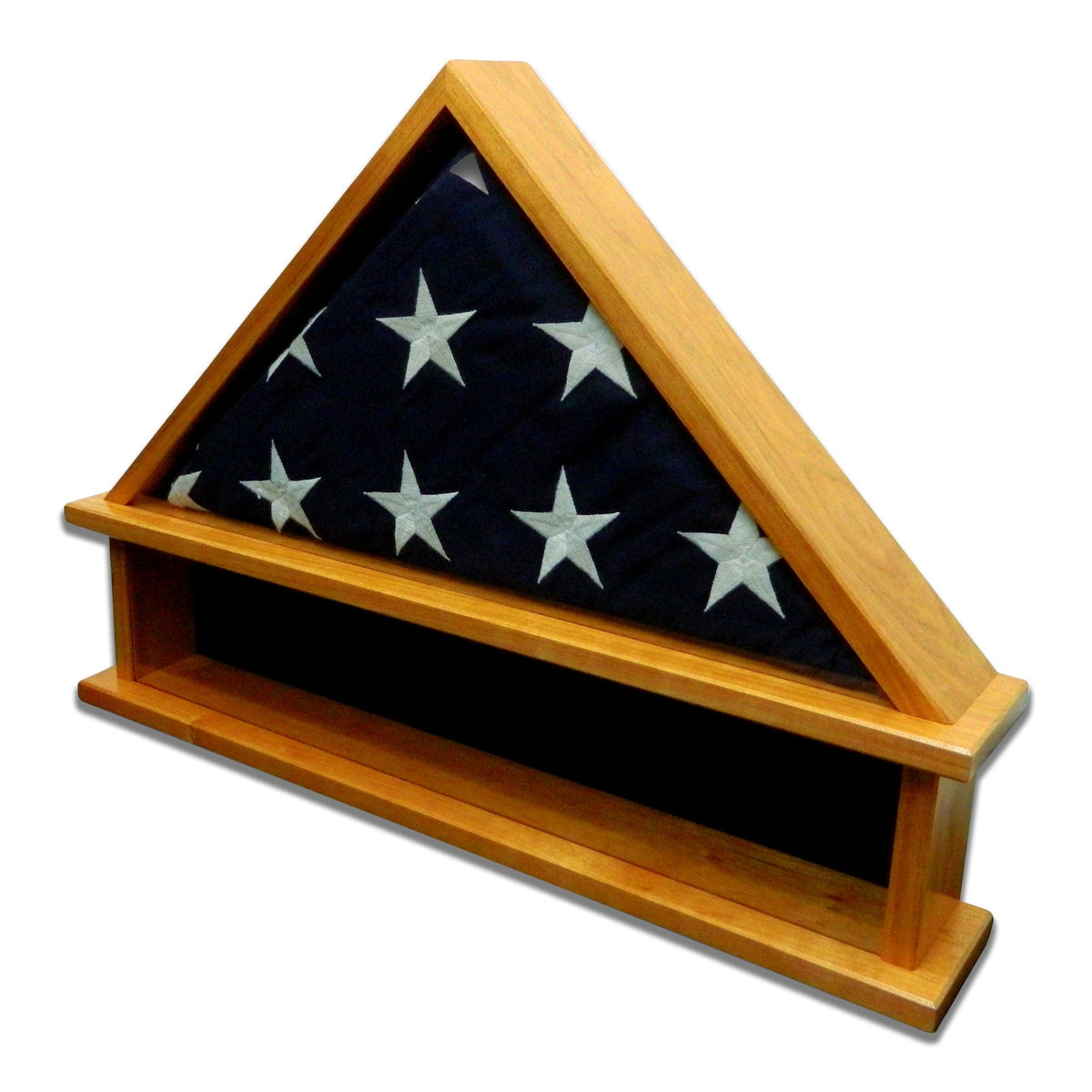 Cherry Burial Flag Display Case with shadow box section for the base. Holds a 5'x9.5' Burial Flag.