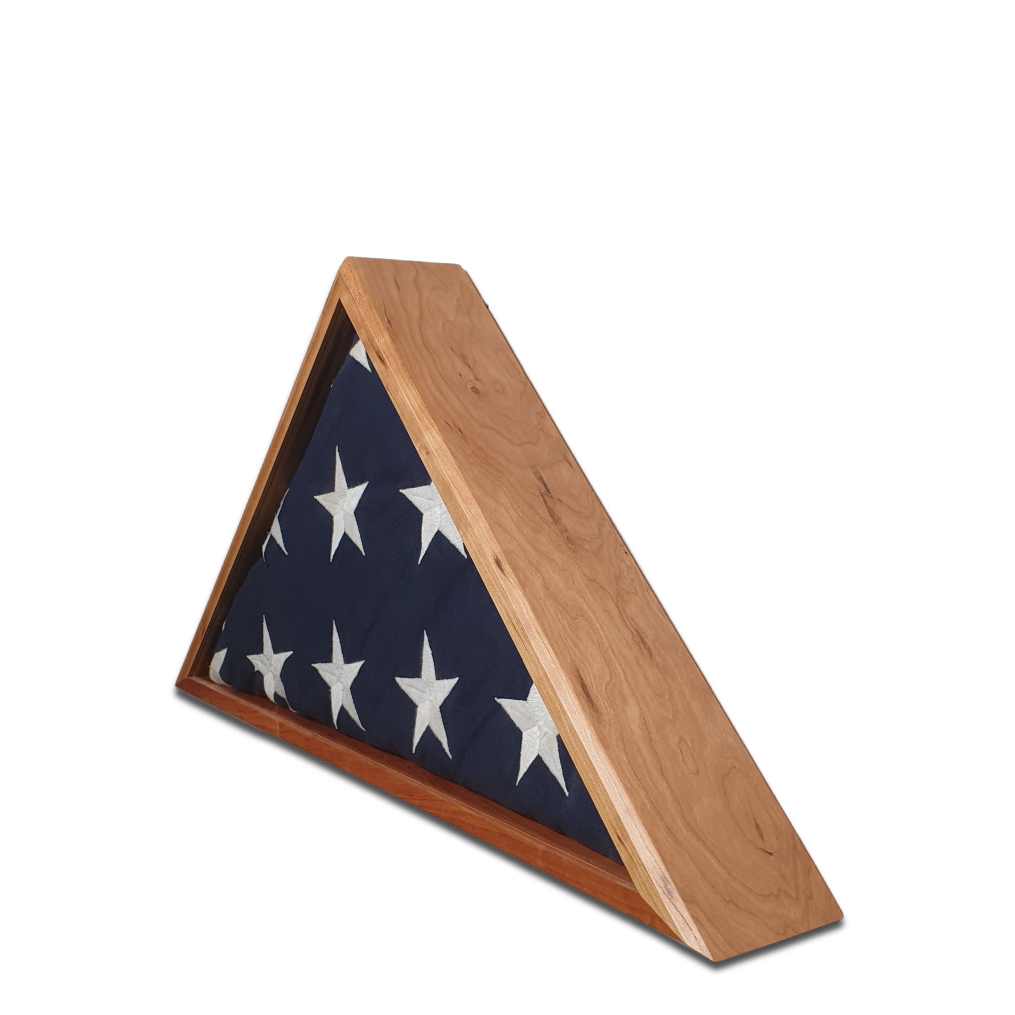 Burial Memorial Flag Display Case for deceased Veteran. Holds one folded 5' by 9.5' burial flag. Made with real Cherry hardwood. American Made - Veteran Built.