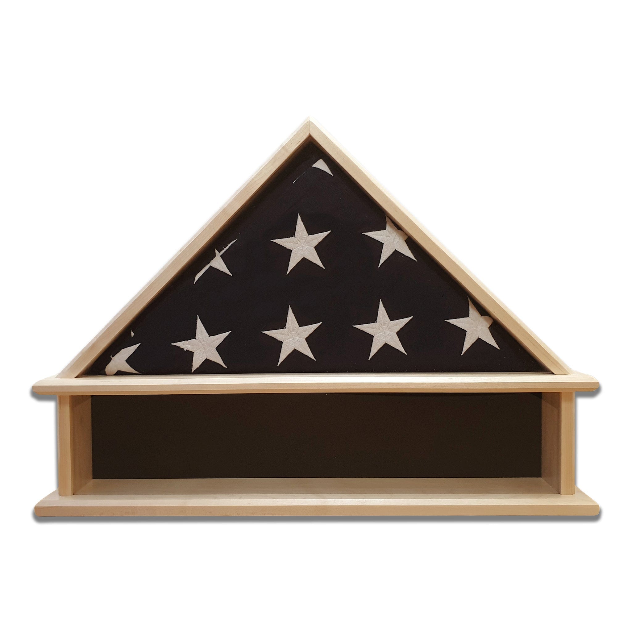 Maple Burial Flag Display Case with shadow box section for the base. Holds a 5'x9.5' Burial Flag.