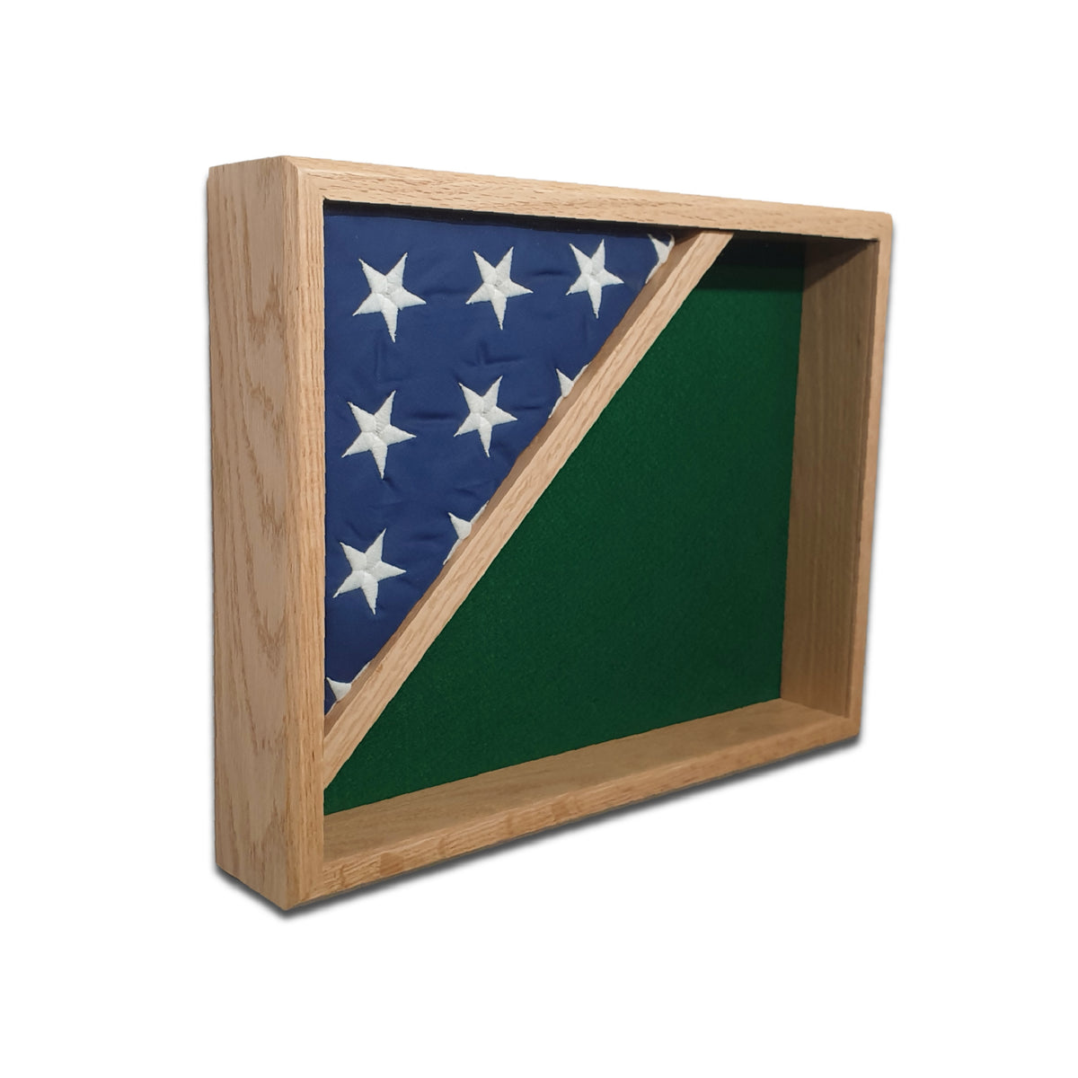 Oak hardwood 14"x18" Shadow box with green felt backer, and 3'x5' folded flag.