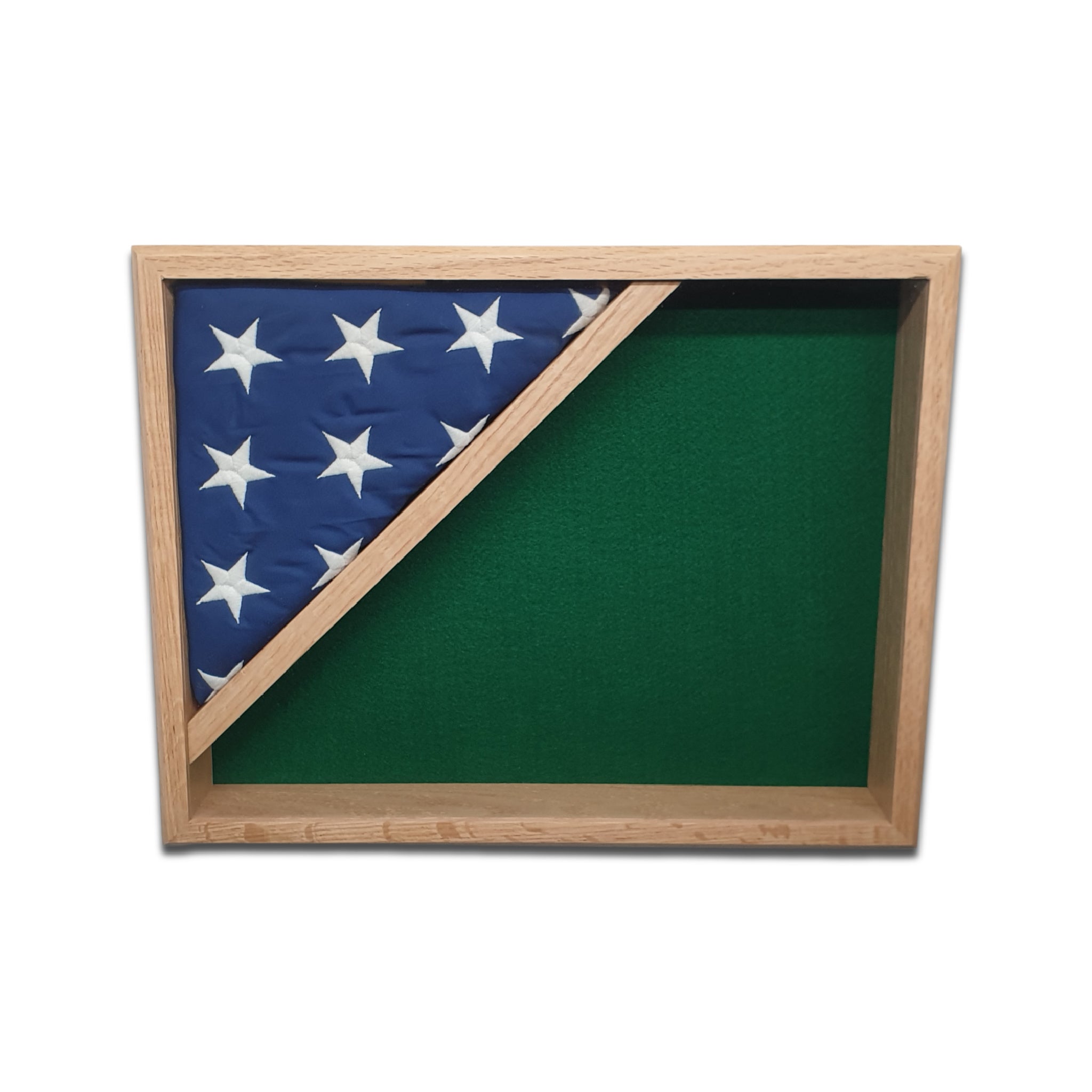 Oak hardwood 14"x18" Shadow box with green felt backer, and 3'x5' folded flag.
