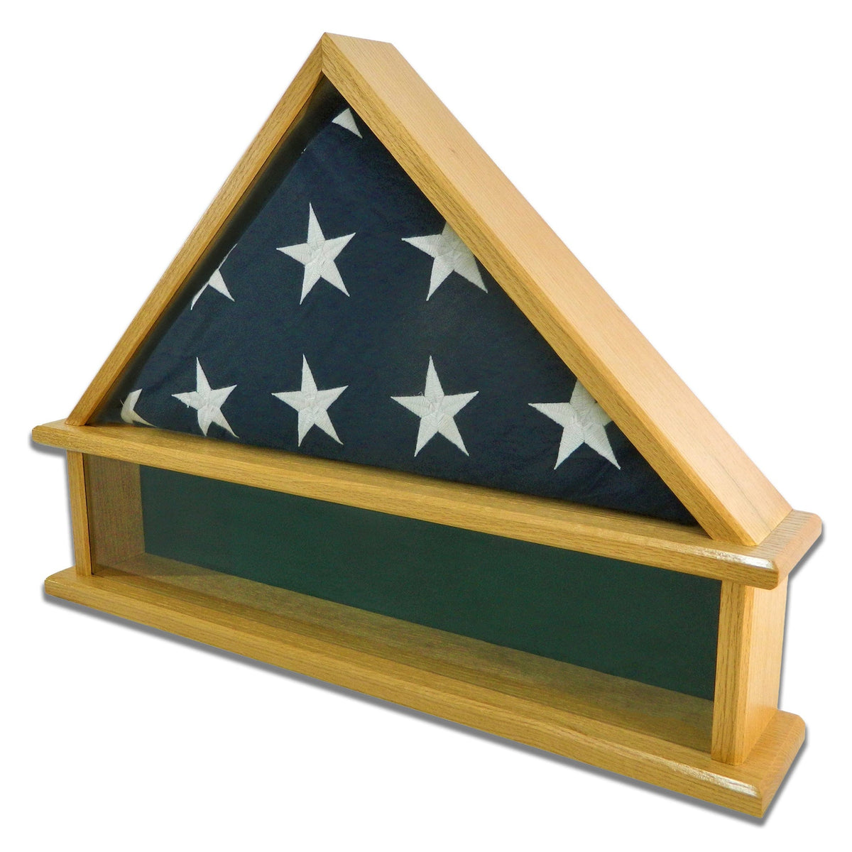 Oak Burial Flag Display Case with shadow box section for the base. Holds a 5'x9.5' Burial Flag.