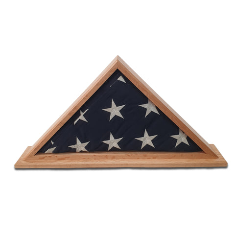 Burial Memorial Flag Display Case for deceased Veteran. Holds one folded 5' by 9.5' burial flag. Made with real Oak hardwood. American Made - Veteran Built™ Shown with optional Mantel base.