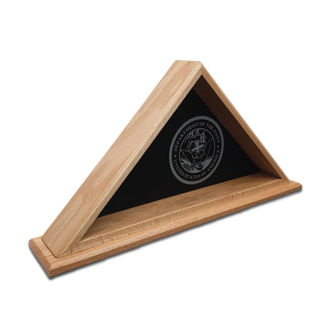 Burial Memorial Flag Display Case for deceased Veteran. Holds one folded 5' by 9.5' burial flag. Made with real Oak hardwood. American Made - Veteran Built™ Shown with Navy Emblem Glass Engraving