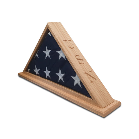 Oak USN Veteran Memorial Burial Flag Display Case. Shown with optional Mantel Base.