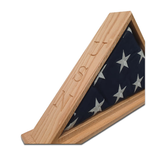 Oak USN Veteran Memorial Burial Flag Display Case. Shown with optional Mantel Base.