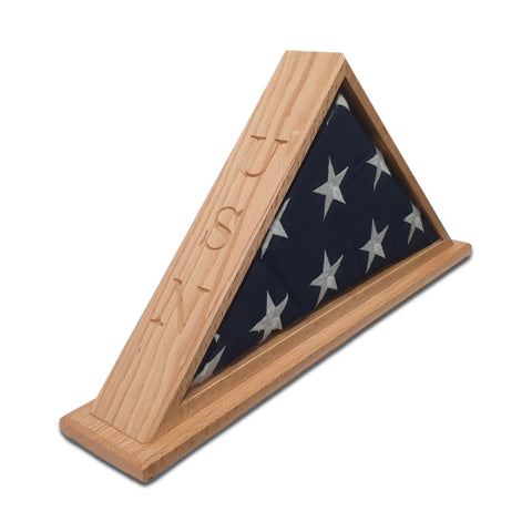 Oak USN Veteran Memorial Burial Flag Display Case. Shown with optional Mantel Base.