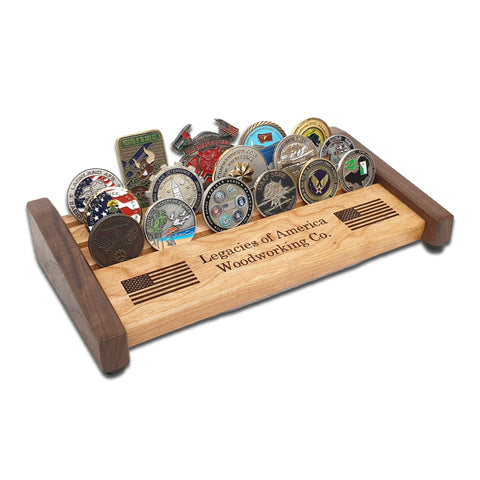 Small size The Verne Challenge Coin Display - Left Angled View with Challenge Coins displayed