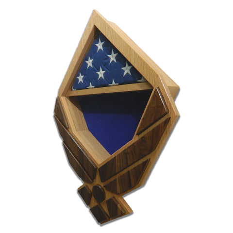 US Air Force Modern Wings Shadow Box in Oak with Walnut wings. Right angled view.