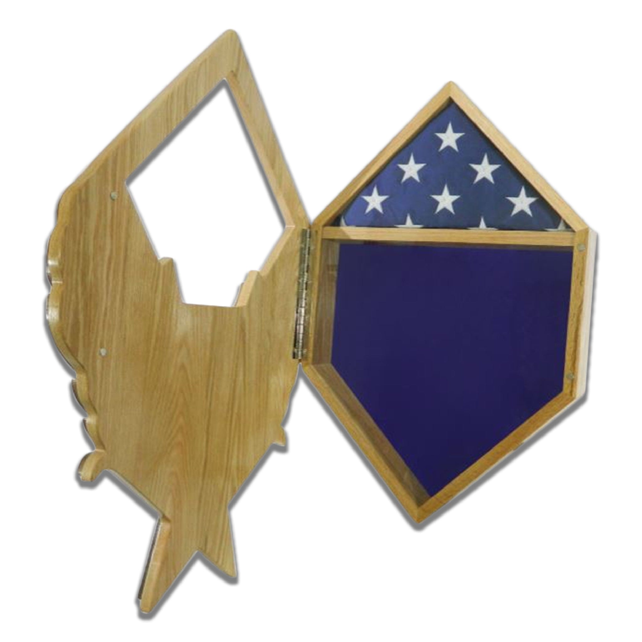 Military retirement shadow box of the classic US Air Force Hap Arnold Wings. Made of real Oak and Walnut hardwood. Holds a 3'x5' folded flag. Opened front face.