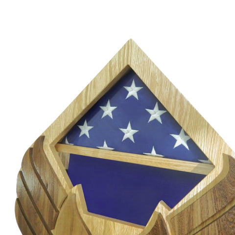 Military retirement shadow box of the classic US Air Force Hap Arnold Wings. Made of real Oak and Walnut hardwood. Holds a 3'x5' folded flag. Close up of flag section.