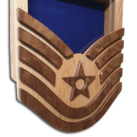 Military retirement shadow box for US Air Force Chief Master Sergeant. Made of real Oak and Walnut hardwood. Holds a 3'x5' folded flag. Close up of bottom section of stripes.