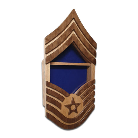 Military retirement shadow box for US Air Force Chief Master Sergeant. Made of real Oak and Walnut hardwood. Holds a 3'x5' folded flag. Shown in Blue felt option.