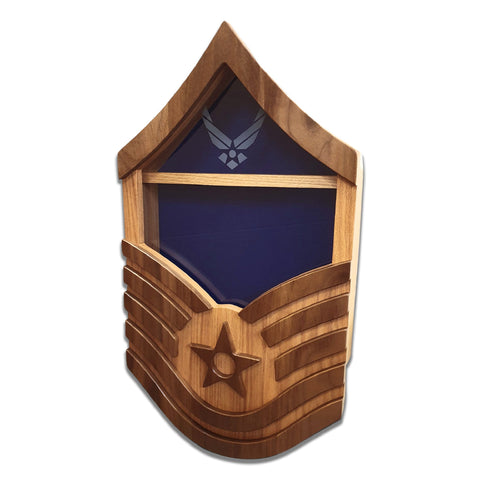Military retirement shadow box for US Air Force Master Sergeant. Made of real Oak and Walnut hardwood. Holds a 3'x5' folded flag. Shown with Air Force Modern Wings glass engraving.