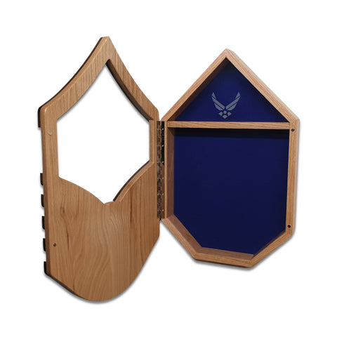 Military retirement shadow box for US Air Force Master Sergeant. Made of real Oak and Walnut hardwood. Holds a 3'x5' folded flag. Shown with Air Force Modern Wings glass engraving. Front opened.