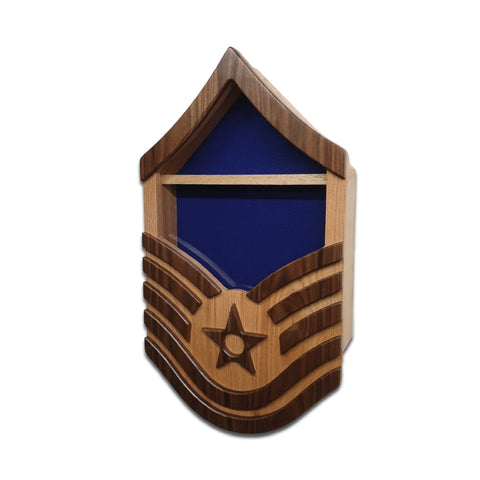 Military retirement shadow box for US Air Force Master Sergeant. Made of real Oak and Walnut hardwood. Holds a 3'x5' folded flag. Shown with Blue felt option.
