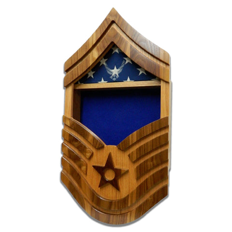 Military retirement shadow box for US Air Force Senior Master Sergeant. Made of real Oak and Walnut hardwood. Holds a 3'x5' folded flag. Shown with Modern Air Force Wings glass engraving.