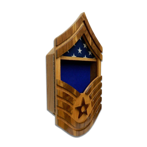 Military retirement shadow box for US Air Force Senior Master Sergeant. Made of real Oak and Walnut hardwood. Holds a 3'x5' folded flag. Left angled view.