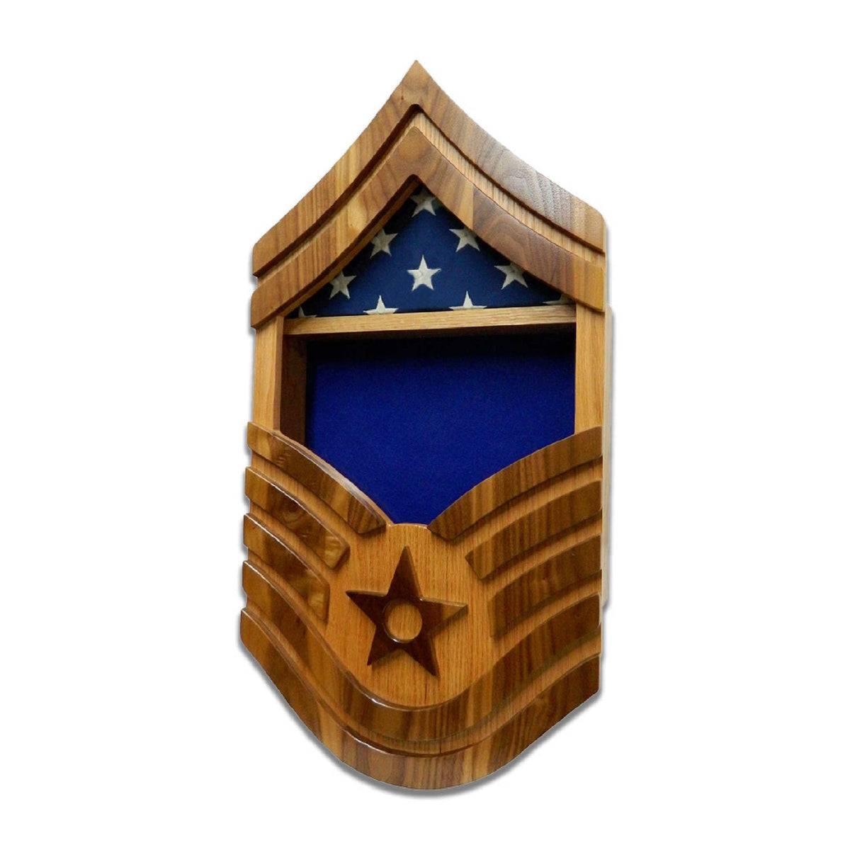 Military retirement shadow box for US Air Force Senior Master Sergeant. Made of real Oak and Walnut hardwood. Holds a 3'x5' folded flag. Shown with Blue felt option and 3'x5' folded flag.