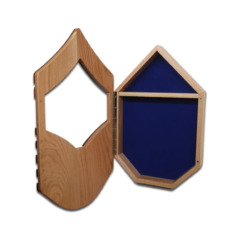 Military retirement shadow box for US Air Force Senior Master Sergeant. Made of real Oak and Walnut hardwood. Holds a 3'x5' folded flag. Front face opened.