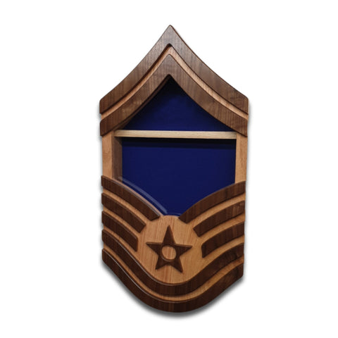 Military retirement shadow box for US Air Force Senior Master Sergeant. Made of real Oak and Walnut hardwood. Holds a 3'x5' folded flag. Show with Blue felt option.
