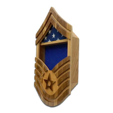 Military retirement shadow box for US Air Force Senior Master Sergeant. Made of real Oak and Walnut hardwood. Holds a 3'x5' folded flag. Right angled view.