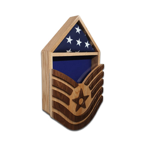 Military retirement shadow box for US Air Force Technical Sergeant. Made of real Oak and Walnut hardwood. Holds a 3'x5' folded flag. Left angled view.