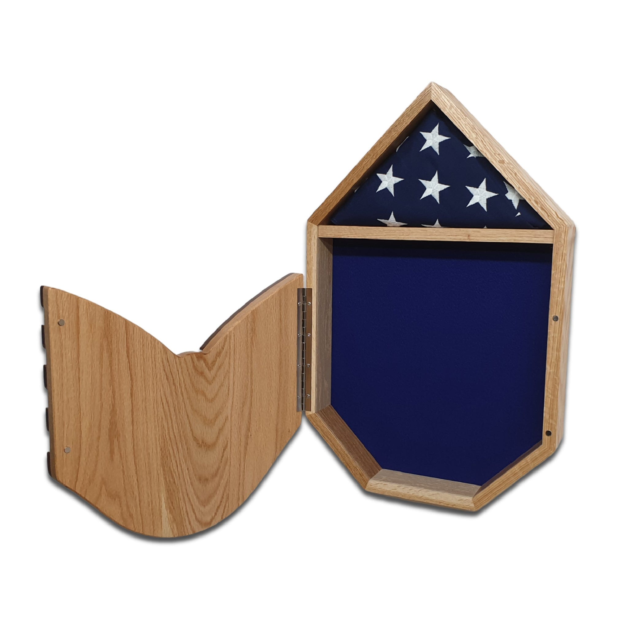 Military retirement shadow box for US Air Force Technical Sergeant. Made of real Oak and Walnut hardwood. Holds a 3'x5' folded flag. Front face opened.