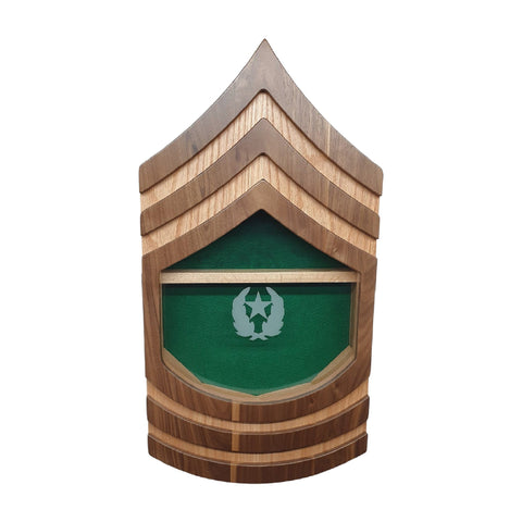Military retirement shadow box for US Army Command Sergeant Major. Made of real Oak and Walnut hardwood. Holds a 3'x5' folded flag. Center view.