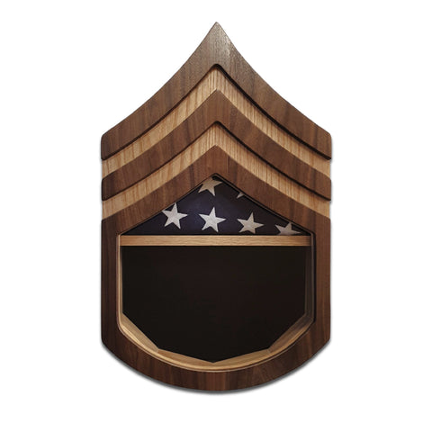 Military retirement shadow box for US Army Staff Sergeant. Made of real Oak and Walnut hardwood. Holds a 3'x5' folded flag. Shown with Black felt option. Center view.