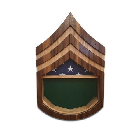 Military retirement shadow box for US Army Staff Sergeant. Made of real Oak and Walnut hardwood. Holds a 3'x5' folded flag. Shown with Green felt option. Center view.