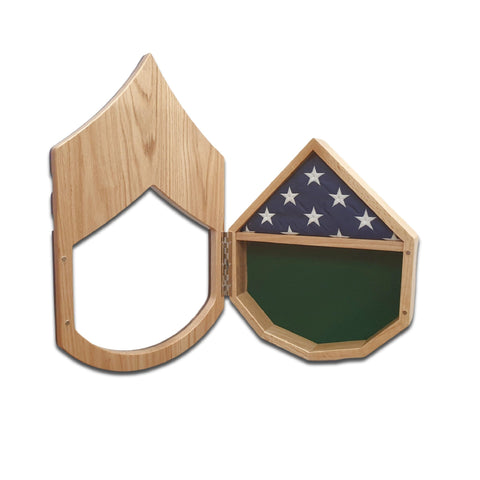 Military retirement shadow box for US Army Staff Sergeant. Made of real Oak and Walnut hardwood. Holds a 3'x5' folded flag. Front face opend.