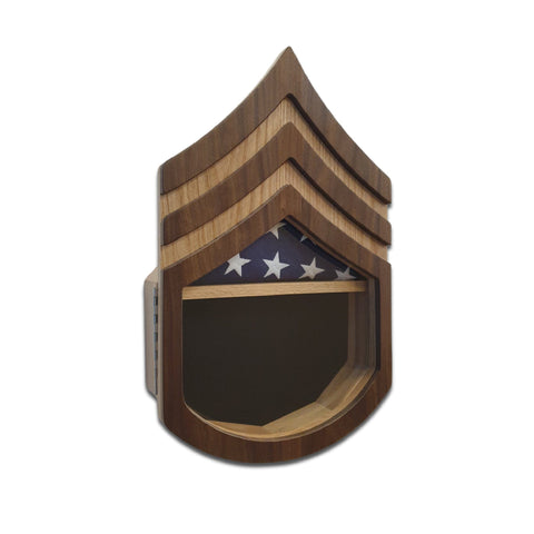 Military retirement shadow box for US Army Staff Sergeant. Made of real Oak and Walnut hardwood. Holds a 3'x5' folded flag. Shown with Black felt option. Left angled view.