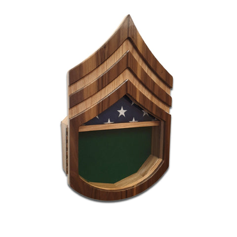 Military retirement shadow box for US Army Staff Sergeant. Made of real Oak and Walnut hardwood. Holds a 3'x5' folded flag. Shown with Green felt option. Left angled view.
