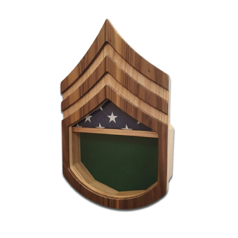 Military retirement shadow box for US Army Staff Sergeant. Made of real Oak and Walnut hardwood. Holds a 3'x5' folded flag.
