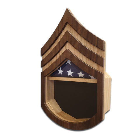Military retirement shadow box for US Army Staff Sergeant. Made of real Oak and Walnut hardwood. Holds a 3'x5' folded flag. Shown with Black felt option. Right angled view.