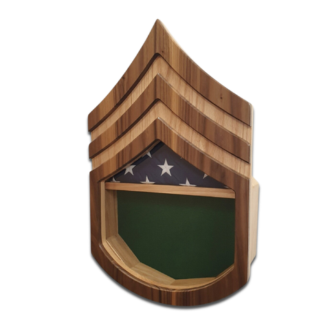 Military retirement shadow box for US Army Staff Sergeant. Made of real Oak and Walnut hardwood. Holds a 3'x5' folded flag. Shown with Green felt option. Right angled view.
