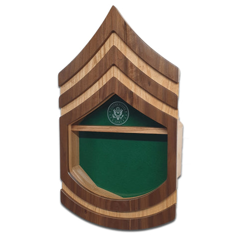 Military retirement shadow box for US Army Sergeant First Class. Made of real Oak and Walnut hardwood. Holds a 3'x5' folded flag. Shown with Green felt option and Army Service Mark glass engraving.