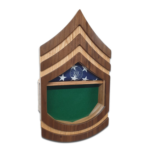 Military retirement shadow box for US Army Sergeant First Class. Made of real Oak and Walnut hardwood. Holds a 3'x5' folded flag. Shown with Green felt option, folded 3'x5' flag, and Army Service Mark glass engraving.