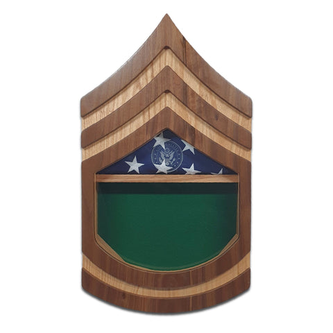 Military retirement shadow box for US Army Sergeant First Class. Made of real Oak and Walnut hardwood. Holds a 3'x5' folded flag. Shown with Green felt option, folded 3'x5' flag, and Army Service Mark glass engraving.