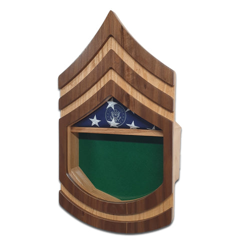 Military retirement shadow box for US Army Sergeant First Class. Made of real Oak and Walnut hardwood. Holds a 3'x5' folded flag. Shown with Green felt option, folded 3'x5' flag, and Army Service Mark glass engraving.